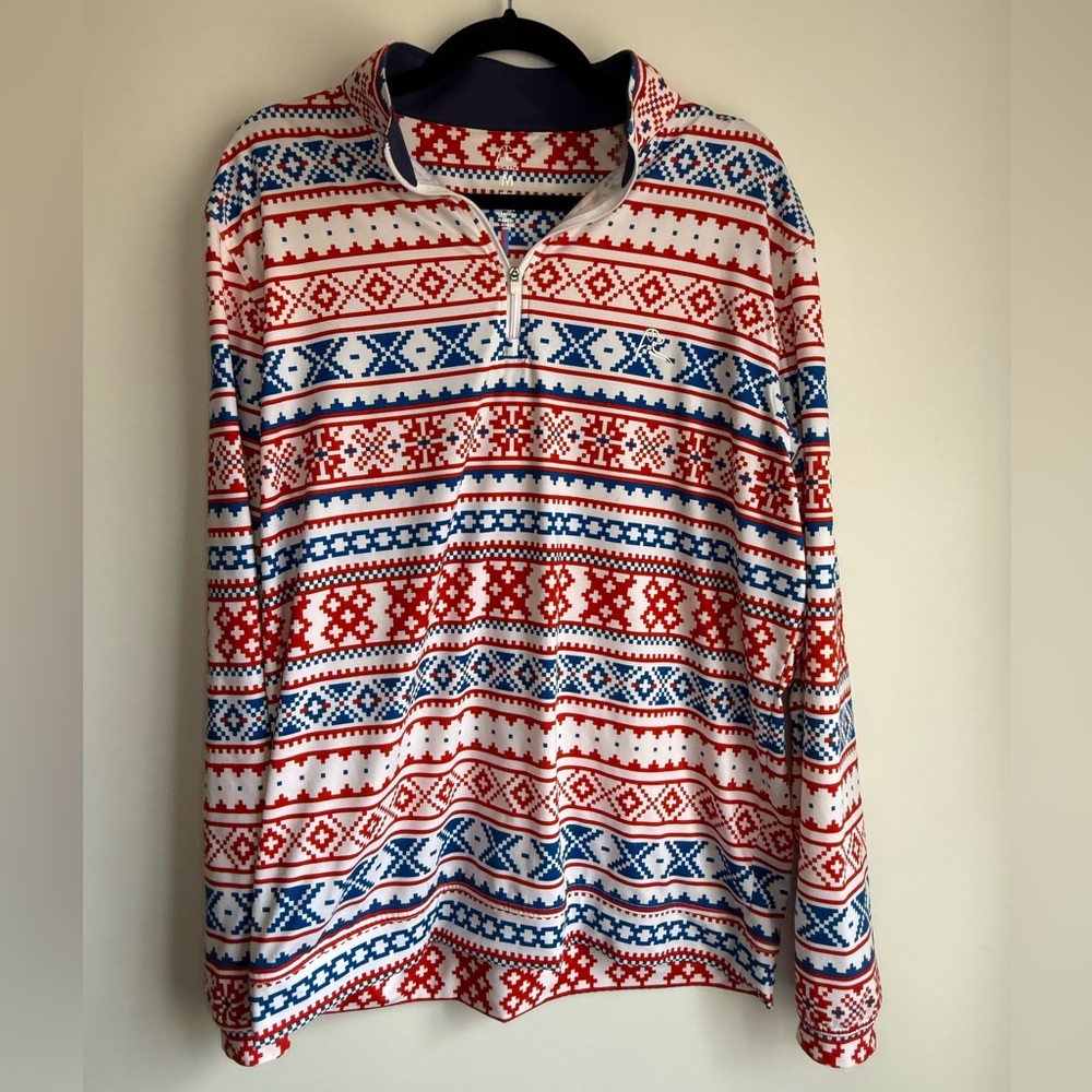 Rhoback Red White Blue Aztec Performance Q-Zip Long Sleeve Shirt Women’s Medium